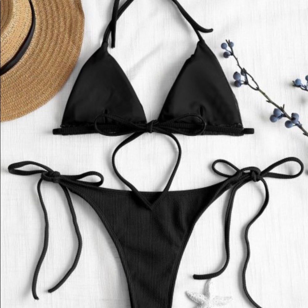 Black Ribbed String Bikini - Picture 4 of 4